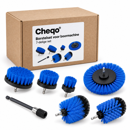 Cheqo® Borstelset voor Boormachine - Boorborstel Set van 7 - Reinigingsborstel Boormachine - Schoonmaakborstel - Schrobborstel - Opzetstuk voor Boormachine - Drill Brush - voor Auto - Badkamer en Voegen - Velgenborstel - met Verlengstuk — Cheqo verpakkingsconcept