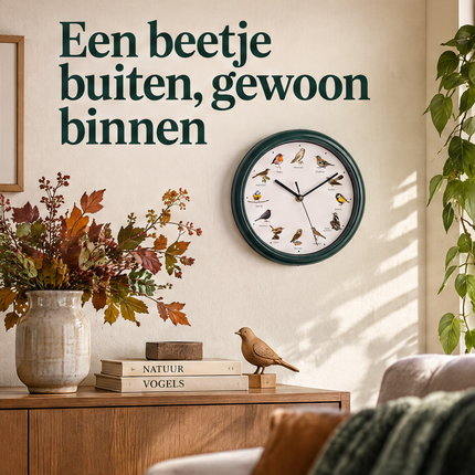Cheqo® Vogelklok - Wandklok met Vogelgeluiden - Klok met Geluid - Birdsong Clock - Zingende Vogels - Vogelgeluiden Klok - Klok voor Vogelliefhebbers - Dierenklok - Kinderklok - Vogelmelodie Klok - Decoratieve Wandklok - Donkergroen — infographic 1
