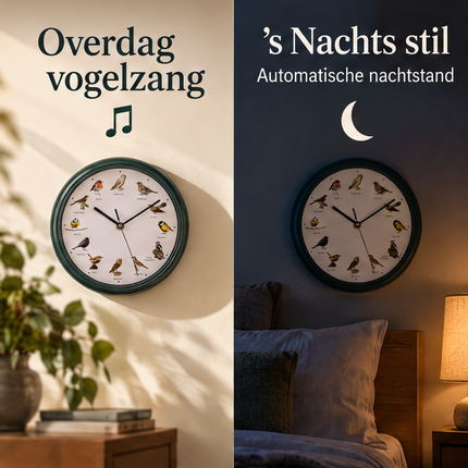 Cheqo® Vogelklok - Wandklok met Vogelgeluiden - Klok met Geluid - Birdsong Clock - Zingende Vogels - Vogelgeluiden Klok - Klok voor Vogelliefhebbers - Dierenklok - Kinderklok - Vogelmelodie Klok - Decoratieve Wandklok - Donkergroen — infographic 3