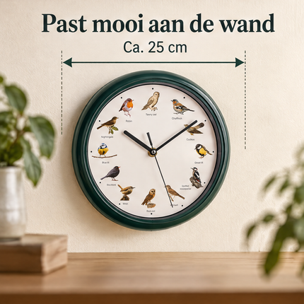 Cheqo® Vogelklok - Wandklok met Vogelgeluiden - Klok met Geluid - Birdsong Clock - Zingende Vogels - Vogelgeluiden Klok - Klok voor Vogelliefhebbers - Dierenklok - Kinderklok - Vogelmelodie Klok - Decoratieve Wandklok - Donkergroen — infographic 4