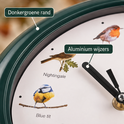 Cheqo® Vogelklok - Wandklok met Vogelgeluiden - Klok met Geluid - Birdsong Clock - Zingende Vogels - Vogelgeluiden Klok - Klok voor Vogelliefhebbers - Dierenklok - Kinderklok - Vogelmelodie Klok - Decoratieve Wandklok - Donkergroen — infographic 5