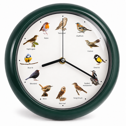 Cheqo® Vogelklok - Wandklok met Vogelgeluiden - Klok met Geluid - Birdsong Clock - Zingende Vogels - Vogelgeluiden Klok - Klok voor Vogelliefhebbers - Dierenklok - Kinderklok - Vogelmelodie Klok - Decoratieve Wandklok - Donkergroen — hoofdbeeld