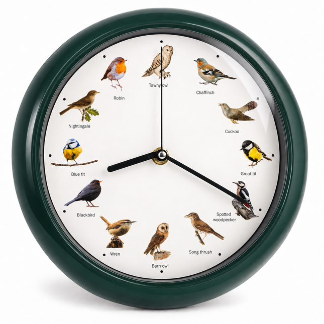Cheqo® Vogelklok - Wandklok met Vogelgeluiden - Klok met Geluid - Birdsong Clock - Zingende Vogels - Vogelgeluiden Klok - Klok voor Vogelliefhebbers - Dierenklok - Kinderklok - Vogelmelodie Klok - Decoratieve Wandklok - Donkergroen — hoofdbeeld