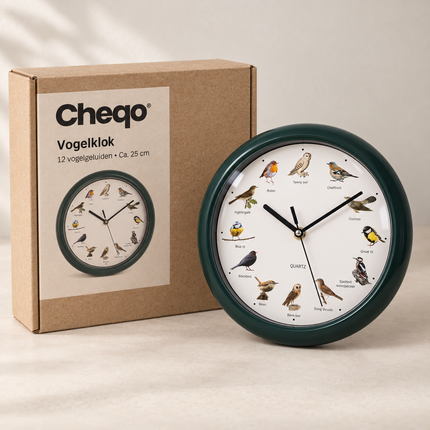Cheqo® Vogelklok - Wandklok met Vogelgeluiden - Klok met Geluid - Birdsong Clock - Zingende Vogels - Vogelgeluiden Klok - Klok voor Vogelliefhebbers - Dierenklok - Kinderklok - Vogelmelodie Klok - Decoratieve Wandklok - Donkergroen — Cheqo verpakkingsconcept