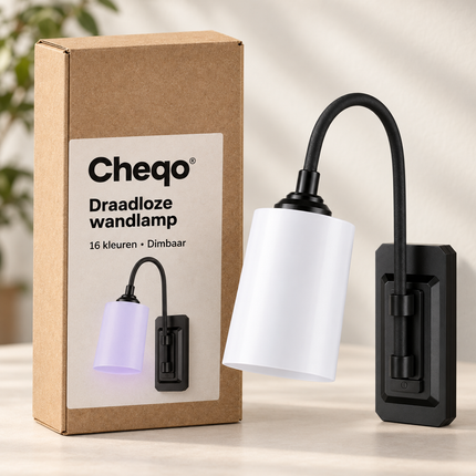 Cheqo® Wandlamp Draadloos op Batterij - Draadloze Sfeerverlichting met Afstandsbediening - 16 Kleuren RGB - Dimbaar - Nachtlamp - Leeslamp - Bedlamp - Sfeerlamp voor Binnen - Wandverlichting voor Slaapkamer - Woonkamer en Hal — Cheqo verpakkingsconcept