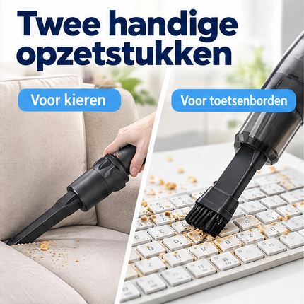 Cheqo® Kruimeldief - Handstofzuiger - Draadloos - Kruimelzuiger - Snoerloos - Autostofzuiger - Auto Stofzuiger - Cycloon - Zakloos - Mini Stofzuiger - USB Oplaadbaar - met Opzetstukken - Kierenzuiger - Compact - voor Auto en Huis - Draagbaar — infographic 2