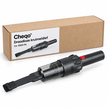 Cheqo® Kruimeldief - Handstofzuiger - Draadloos - Kruimelzuiger - Snoerloos - Autostofzuiger - Auto Stofzuiger - Cycloon - Zakloos - Mini Stofzuiger - USB Oplaadbaar - met Opzetstukken - Kierenzuiger - Compact - voor Auto en Huis - Draagbaar — Cheqo verpakkingsconcept