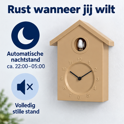 Cheqo® Koekoeksklok Modern - Wandklok - Minimalistische Koekoeksklok - Cuckoo Clock - Cuckoo Klok - Koekoeksklok Beige - Klok - Koekoeksklok voor Kinderen - Koekoeksklok voor Woonkamer - Koekkoeksklok - Vogelklok — infographic 2