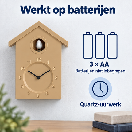 Cheqo® Koekoeksklok Modern - Wandklok - Minimalistische Koekoeksklok - Cuckoo Clock - Cuckoo Klok - Koekoeksklok Beige - Klok - Koekoeksklok voor Kinderen - Koekoeksklok voor Woonkamer - Koekkoeksklok - Vogelklok — infographic 6