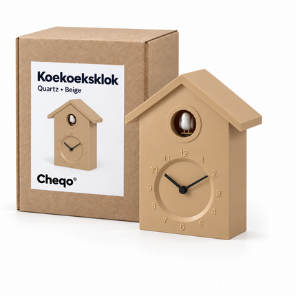 Cheqo® Koekoeksklok Modern - Wandklok - Minimalistische Koekoeksklok - Cuckoo Clock - Cuckoo Klok - Koekoeksklok Beige - Klok - Koekoeksklok voor Kinderen - Koekoeksklok voor Woonkamer - Koekkoeksklok - Vogelklok — Cheqo verpakkingsconcept