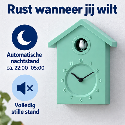 Cheqo® Koekoeksklok Modern - Wandklok - Cuckoo Clock - Minimalistische Koekoek - Klok - Stijlvol Design - voor Woonkamer met Geluid - Scandinavisch - voor Kinderkamer en Keuken - Lichtgroen Pastel — infographic 2