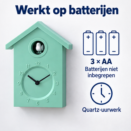 Cheqo® Koekoeksklok Modern - Wandklok - Cuckoo Clock - Minimalistische Koekoek - Klok - Stijlvol Design - voor Woonkamer met Geluid - Scandinavisch - voor Kinderkamer en Keuken - Lichtgroen Pastel — infographic 6