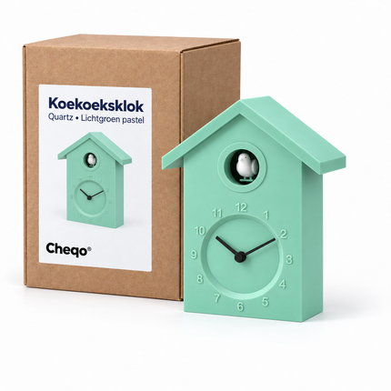 Cheqo® Koekoeksklok Modern - Wandklok - Cuckoo Clock - Minimalistische Koekoek - Klok - Stijlvol Design - voor Woonkamer met Geluid - Scandinavisch - voor Kinderkamer en Keuken - Lichtgroen Pastel — Cheqo verpakkingsconcept