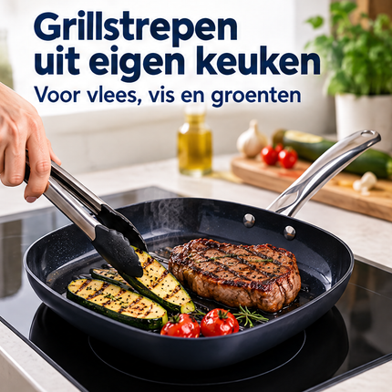 Cheqo® Grillpan - Grillpan Inductie - Grillpan Anti-aanbak - Geribbelde Grillpan - Vierkante Grillpan - Grillpan Ovenbestendig - PFAS-vrije Grillpan - Grillpan voor Keramisch Koken - Grillpan voor Gas - Steakpan - Grillpan met RVS Steel — infographic 1