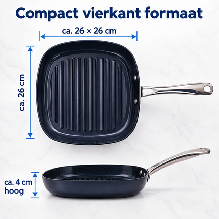 Cheqo® Grillpan - Grillpan Inductie - Grillpan Anti-aanbak - Geribbelde Grillpan - Vierkante Grillpan - Grillpan Ovenbestendig - PFAS-vrije Grillpan - Grillpan voor Keramisch Koken - Grillpan voor Gas - Steakpan - Grillpan met RVS Steel — infographic 3
