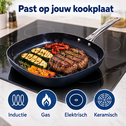Cheqo® Grillpan - Grillpan Inductie - Grillpan Anti-aanbak - Geribbelde Grillpan - Vierkante Grillpan - Grillpan Ovenbestendig - PFAS-vrije Grillpan - Grillpan voor Keramisch Koken - Grillpan voor Gas - Steakpan - Grillpan met RVS Steel — infographic 4