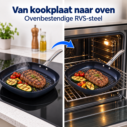 Cheqo® Grillpan - Grillpan Inductie - Grillpan Anti-aanbak - Geribbelde Grillpan - Vierkante Grillpan - Grillpan Ovenbestendig - PFAS-vrije Grillpan - Grillpan voor Keramisch Koken - Grillpan voor Gas - Steakpan - Grillpan met RVS Steel — infographic 5