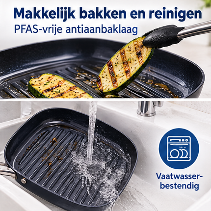 Cheqo® Grillpan - Grillpan Inductie - Grillpan Anti-aanbak - Geribbelde Grillpan - Vierkante Grillpan - Grillpan Ovenbestendig - PFAS-vrije Grillpan - Grillpan voor Keramisch Koken - Grillpan voor Gas - Steakpan - Grillpan met RVS Steel — infographic 6