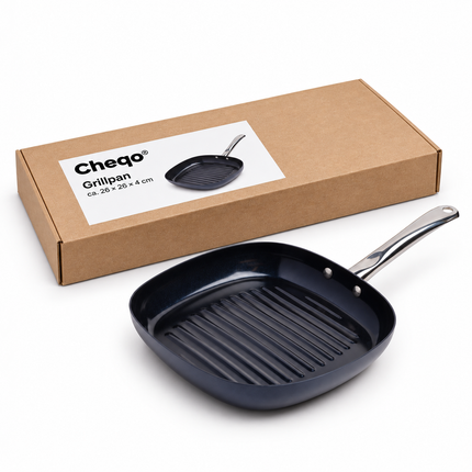 Cheqo® Grillpan - Grillpan Inductie - Grillpan Anti-aanbak - Geribbelde Grillpan - Vierkante Grillpan - Grillpan Ovenbestendig - PFAS-vrije Grillpan - Grillpan voor Keramisch Koken - Grillpan voor Gas - Steakpan - Grillpan met RVS Steel — Cheqo verpakkingsconcept