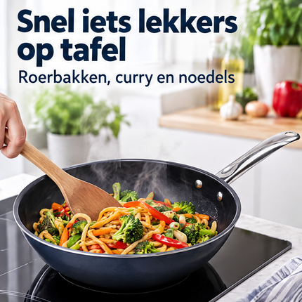 Cheqo® Wokpan 28 cm - Wokpan Inductie - Anti-aanbak Wokpan - Keramische Wokpan - Wokpan met Diamant Coating - Wokpan voor Alle Warmtebronnen - PFAS-vrije Wokpan - Roerbakpan - Wok - Wokpan met RVS Handvat - Ovenbestendige Wokpan - Diamond Wok — infographic 1