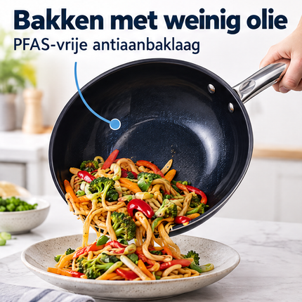 Cheqo® Wokpan 28 cm - Wokpan Inductie - Anti-aanbak Wokpan - Keramische Wokpan - Wokpan met Diamant Coating - Wokpan voor Alle Warmtebronnen - PFAS-vrije Wokpan - Roerbakpan - Wok - Wokpan met RVS Handvat - Ovenbestendige Wokpan - Diamond Wok — infographic 2