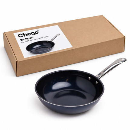 Cheqo® Wokpan 28 cm - Wokpan Inductie - Anti-aanbak Wokpan - Keramische Wokpan - Wokpan met Diamant Coating - Wokpan voor Alle Warmtebronnen - PFAS-vrije Wokpan - Roerbakpan - Wok - Wokpan met RVS Handvat - Ovenbestendige Wokpan - Diamond Wok — Cheqo verpakkingsconcept