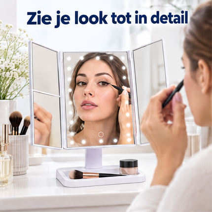 Cheqo® Make-up Spiegel met LED Verlichting - Drieluik met Vergroting - Dimbaar - 180 Graden Draaibaar - Cosmeticaspiegel - Visagiespiegel - Staande Spiegel - Opmaakspiegel - Tafelspiegel - Opvouwbare Vergrootspiegel - Wit — infographic 1