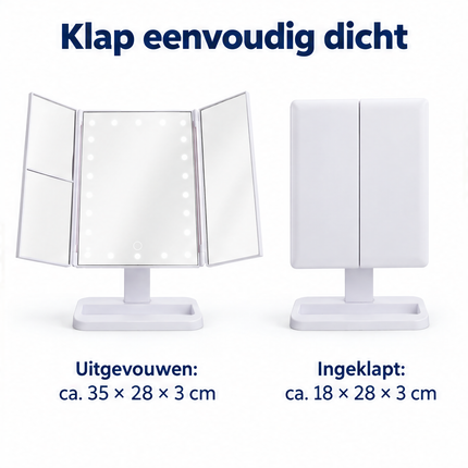 Cheqo® Make-up Spiegel met LED Verlichting - Drieluik met Vergroting - Dimbaar - 180 Graden Draaibaar - Cosmeticaspiegel - Visagiespiegel - Staande Spiegel - Opmaakspiegel - Tafelspiegel - Opvouwbare Vergrootspiegel - Wit — infographic 5