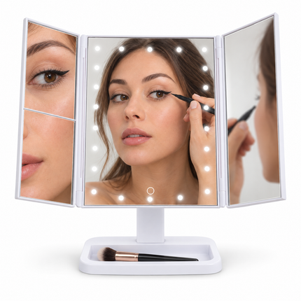 Cheqo® Make-up Spiegel met LED Verlichting - Drieluik met Vergroting - Dimbaar - 180 Graden Draaibaar - Cosmeticaspiegel - Visagiespiegel - Staande Spiegel - Opmaakspiegel - Tafelspiegel - Opvouwbare Vergrootspiegel - Wit — hoofdbeeld