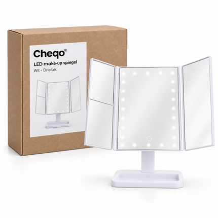 Cheqo® Make-up Spiegel met LED Verlichting - Drieluik met Vergroting - Dimbaar - 180 Graden Draaibaar - Cosmeticaspiegel - Visagiespiegel - Staande Spiegel - Opmaakspiegel - Tafelspiegel - Opvouwbare Vergrootspiegel - Wit — Cheqo verpakkingsconcept