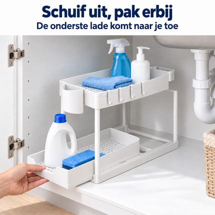 Cheqo® Onder Gootsteen Organizer - Keukenkast Organizer - Opbergrek onder Gootsteen - Onder Wastafel Rek - Aanrechtorganizer - Badkamer Organizer - Multifunctioneel Opbergrek - Keukenrek - Organizer met Haakjes - 2-laags - Wit — infographic 1