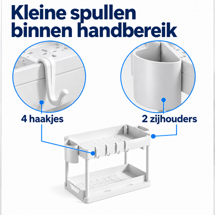Cheqo® Onder Gootsteen Organizer - Keukenkast Organizer - Opbergrek onder Gootsteen - Onder Wastafel Rek - Aanrechtorganizer - Badkamer Organizer - Multifunctioneel Opbergrek - Keukenrek - Organizer met Haakjes - 2-laags - Wit — infographic 2