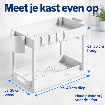Cheqo® Onder Gootsteen Organizer - Keukenkast Organizer - Opbergrek onder Gootsteen - Onder Wastafel Rek - Aanrechtorganizer - Badkamer Organizer - Multifunctioneel Opbergrek - Keukenrek - Organizer met Haakjes - 2-laags - Wit — infographic 3