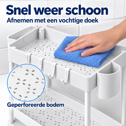 Cheqo® Onder Gootsteen Organizer - Keukenkast Organizer - Opbergrek onder Gootsteen - Onder Wastafel Rek - Aanrechtorganizer - Badkamer Organizer - Multifunctioneel Opbergrek - Keukenrek - Organizer met Haakjes - 2-laags - Wit — infographic 4