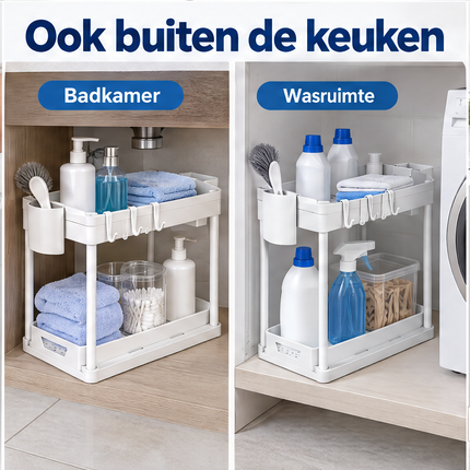 Cheqo® Onder Gootsteen Organizer - Keukenkast Organizer - Opbergrek onder Gootsteen - Onder Wastafel Rek - Aanrechtorganizer - Badkamer Organizer - Multifunctioneel Opbergrek - Keukenrek - Organizer met Haakjes - 2-laags - Wit — infographic 5