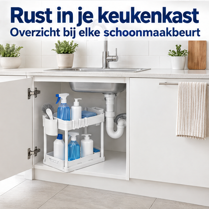Cheqo® Onder Gootsteen Organizer - Keukenkast Organizer - Opbergrek onder Gootsteen - Onder Wastafel Rek - Aanrechtorganizer - Badkamer Organizer - Multifunctioneel Opbergrek - Keukenrek - Organizer met Haakjes - 2-laags - Wit — infographic 6