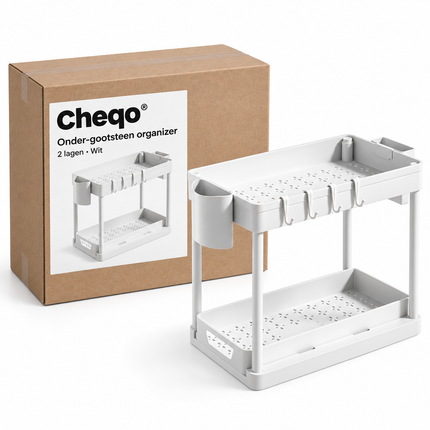 Cheqo® Onder Gootsteen Organizer - Keukenkast Organizer - Opbergrek onder Gootsteen - Onder Wastafel Rek - Aanrechtorganizer - Badkamer Organizer - Multifunctioneel Opbergrek - Keukenrek - Organizer met Haakjes - 2-laags - Wit — Cheqo verpakkingsconcept