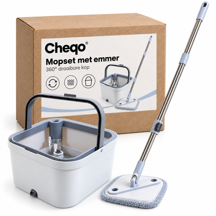 Cheqo® Spin Mop met Emmer - Draaibare Mop - Vloerwisser - Vloermop met Steel - 360 Graden Draaibare Mopkop - Microvezel Mop - Roterende Dweil - Zwabber - Vloerdweil voor Harde Vloeren - Mop met RVS Steel — Cheqo verpakkingsconcept