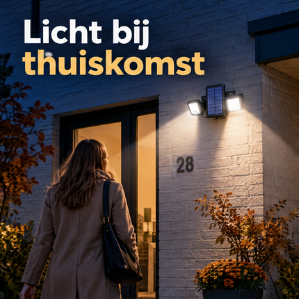 Cheqo® Solar Buitenlamp met Bewegingssensor - Solar Wandlamp - Tuinverlichting op Zonne-energie - Buitenverlichting - Beveiligingslamp - Draaibaar - Dubbele Kop - voor Tuin - voor Oprit - voor Garage - voor Carport - Draadloos - LED - Zwart — infographic 1