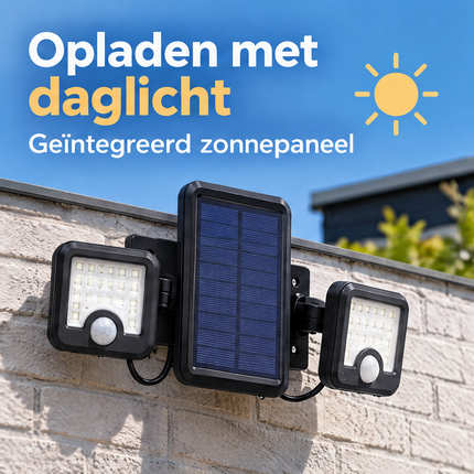 Cheqo® Solar Buitenlamp met Bewegingssensor - Solar Wandlamp - Tuinverlichting op Zonne-energie - Buitenverlichting - Beveiligingslamp - Draaibaar - Dubbele Kop - voor Tuin - voor Oprit - voor Garage - voor Carport - Draadloos - LED - Zwart — infographic 2