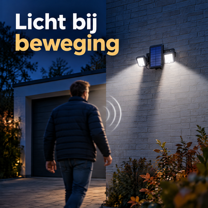 Cheqo® Solar Buitenlamp met Bewegingssensor - Solar Wandlamp - Tuinverlichting op Zonne-energie - Buitenverlichting - Beveiligingslamp - Draaibaar - Dubbele Kop - voor Tuin - voor Oprit - voor Garage - voor Carport - Draadloos - LED - Zwart — infographic 3