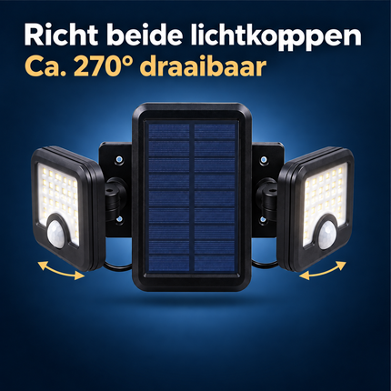 Cheqo® Solar Buitenlamp met Bewegingssensor - Solar Wandlamp - Tuinverlichting op Zonne-energie - Buitenverlichting - Beveiligingslamp - Draaibaar - Dubbele Kop - voor Tuin - voor Oprit - voor Garage - voor Carport - Draadloos - LED - Zwart — infographic 4
