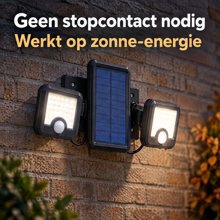 Cheqo® Solar Buitenlamp met Bewegingssensor - Solar Wandlamp - Tuinverlichting op Zonne-energie - Buitenverlichting - Beveiligingslamp - Draaibaar - Dubbele Kop - voor Tuin - voor Oprit - voor Garage - voor Carport - Draadloos - LED - Zwart — infographic 6