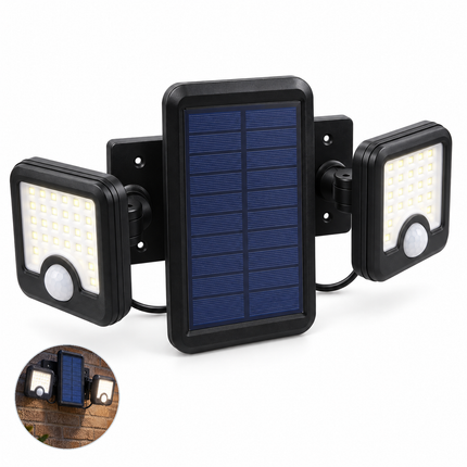 Cheqo® Solar Buitenlamp met Bewegingssensor - Solar Wandlamp - Tuinverlichting op Zonne-energie - Buitenverlichting - Beveiligingslamp - Draaibaar - Dubbele Kop - voor Tuin - voor Oprit - voor Garage - voor Carport - Draadloos - LED - Zwart — hoofdbeeld