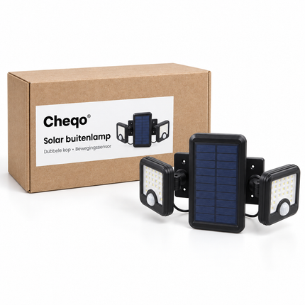 Cheqo® Solar Buitenlamp met Bewegingssensor - Solar Wandlamp - Tuinverlichting op Zonne-energie - Buitenverlichting - Beveiligingslamp - Draaibaar - Dubbele Kop - voor Tuin - voor Oprit - voor Garage - voor Carport - Draadloos - LED - Zwart — Cheqo verpakkingsconcept