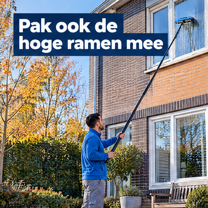Cheqo® Telescopische Wasborstel - Telescoopsteel met Borstel en Waterdoorvoer - Ramenwasser Telescopisch - Glazenwasser Set - Zonnepanelen Reiniger - Waterborstel - Uitschuifbare Steel met Zeepdispenser - voor Ramen Wassen en Auto — infographic 1