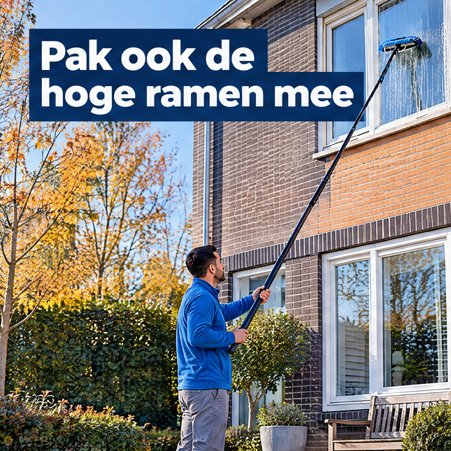 Cheqo® Telescopische Wasborstel - Telescoopsteel met Borstel en Waterdoorvoer - Ramenwasser Telescopisch - Glazenwasser Set - Zonnepanelen Reiniger - Waterborstel - Uitschuifbare Steel met Zeepdispenser - voor Ramen Wassen en Auto — infographic 1