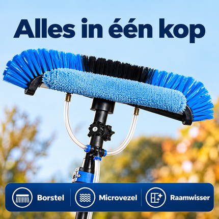 Cheqo® Telescopische Wasborstel - Telescoopsteel met Borstel en Waterdoorvoer - Ramenwasser Telescopisch - Glazenwasser Set - Zonnepanelen Reiniger - Waterborstel - Uitschuifbare Steel met Zeepdispenser - voor Ramen Wassen en Auto — infographic 2