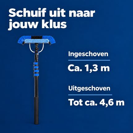 Cheqo® Telescopische Wasborstel - Telescoopsteel met Borstel en Waterdoorvoer - Ramenwasser Telescopisch - Glazenwasser Set - Zonnepanelen Reiniger - Waterborstel - Uitschuifbare Steel met Zeepdispenser - voor Ramen Wassen en Auto — infographic 3