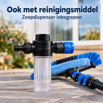 Cheqo® Telescopische Wasborstel - Telescoopsteel met Borstel en Waterdoorvoer - Ramenwasser Telescopisch - Glazenwasser Set - Zonnepanelen Reiniger - Waterborstel - Uitschuifbare Steel met Zeepdispenser - voor Ramen Wassen en Auto — infographic 5